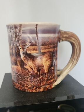 Rustic Deer Scene Ceramic Coffee Mug - Brown